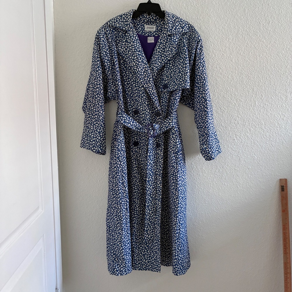 Vintage 80s Mosaic Nylon Trench Coat Womens Size M Blue White Pebble Print Retro
